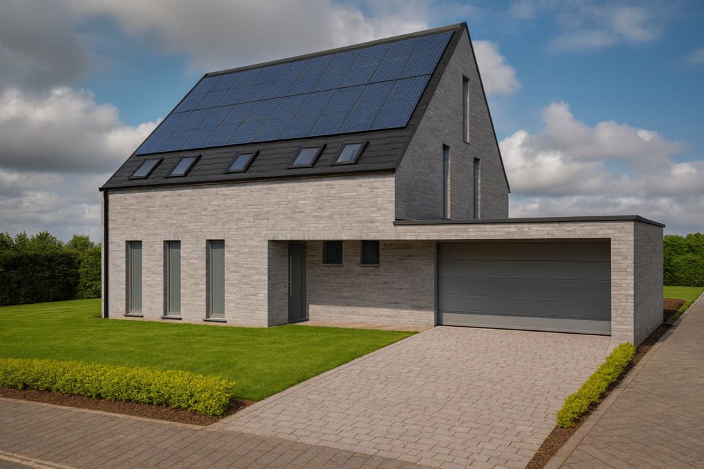 Modern Haus mit Solarpanelen und Garten
